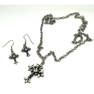 Silver-Tone Cross Necklace and Earrings Set With Crystal Accents Dangle Design